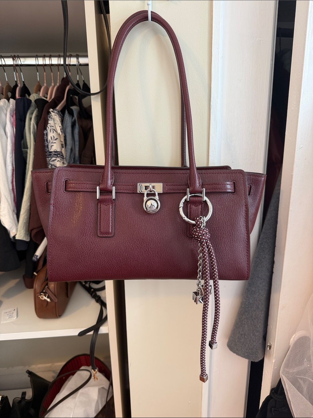 Michael Kors Burgundy Hamilton Moderne Leather Shoulder Tote with Tassel Charm